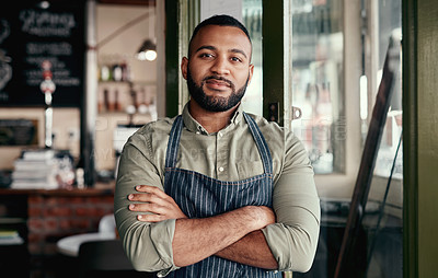Buy stock photo Portrait of a young man working in a cafe