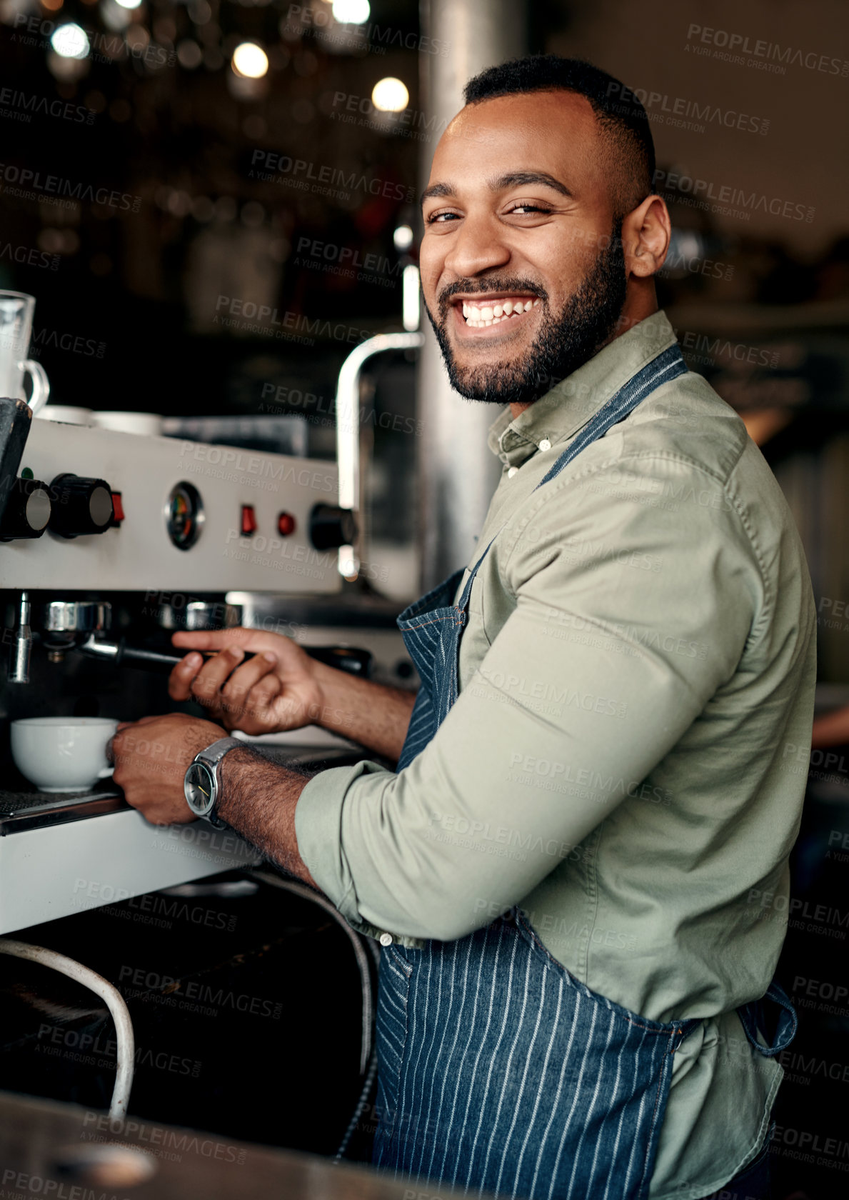 Buy stock photo Portrait of a barista preparing coffee in a cafe