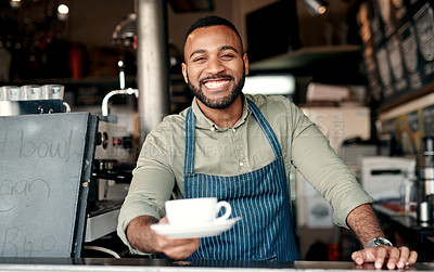 Buy stock photo Portrait of a barista serving coffee in a cafe