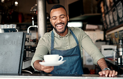 Buy stock photo Shot of a barista serving coffee in a cafe