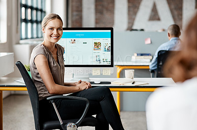 Buy stock photo Portrait of a confident young businesswoman working in an office