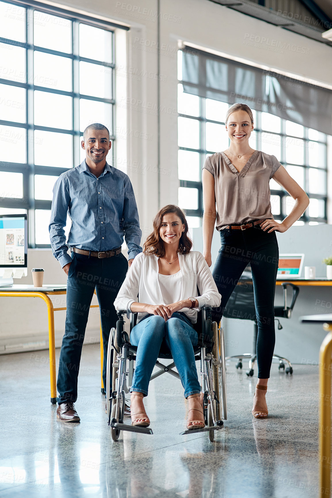 Buy stock photo Office, portrait and woman in wheelchair with team for creative agency, about us and publishing. Journalist, inclusive workplace and happy person with disability for editor, opportunity or confidence