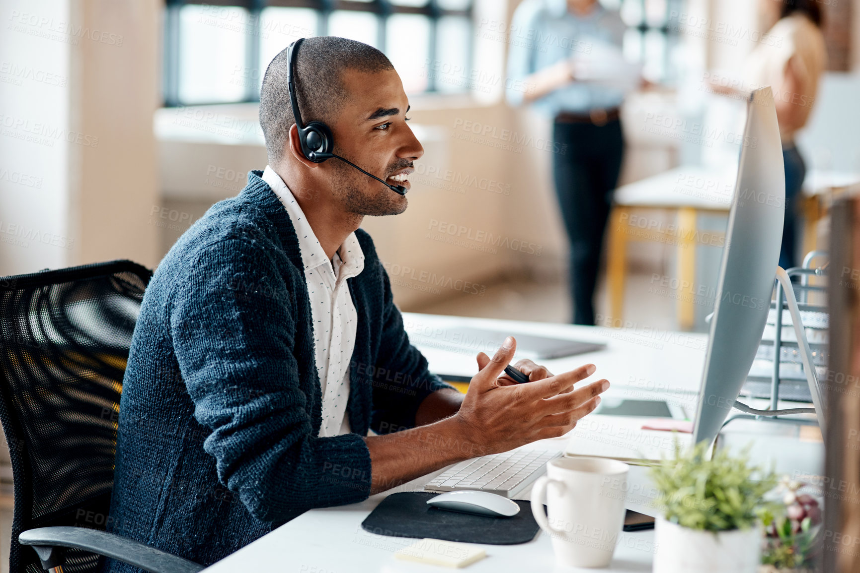 Buy stock photo Call center, computer and man with headset for travel agency, booking assistance and itinerary. Tech, consulting and person with customer support for flight info, hotel reservation and tour schedule
