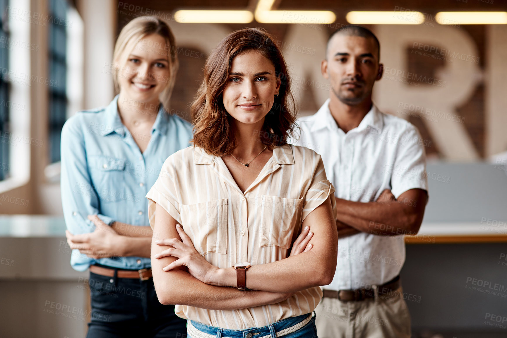 Buy stock photo Portrait of a group of businesspeople standing together in an office