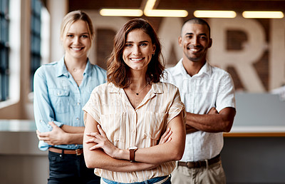 Buy stock photo Portrait of a group of businesspeople standing together in an office