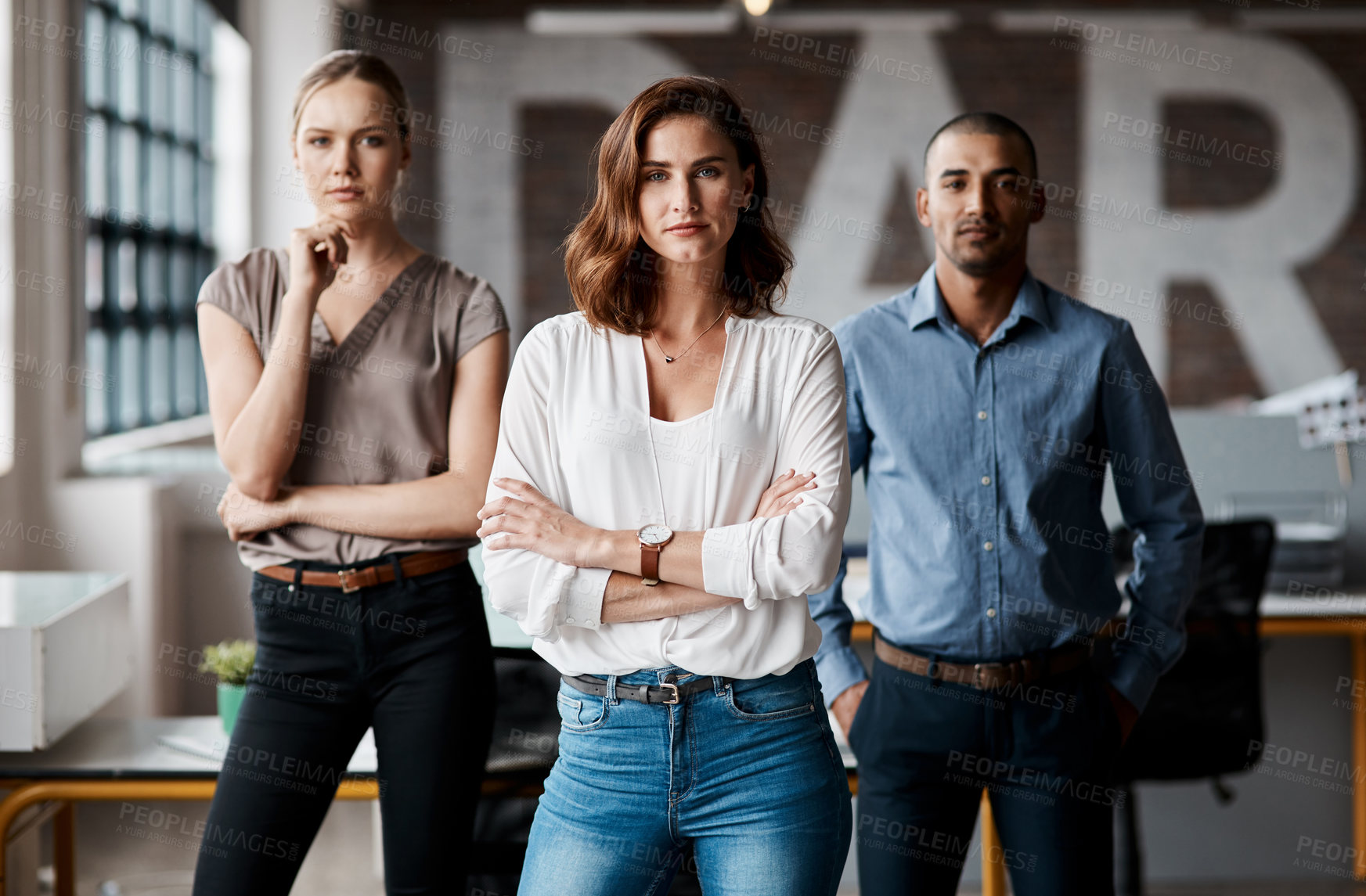 Buy stock photo Portrait of a group of businesspeople standing together in an office