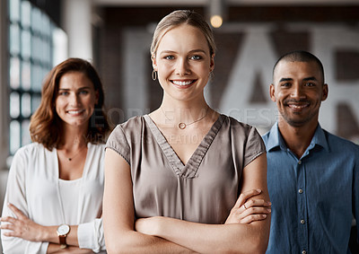 Buy stock photo Portrait of a group of businesspeople standing together in an office