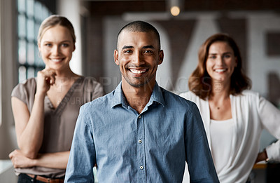 Buy stock photo Portrait of a group of businesspeople standing together in an office