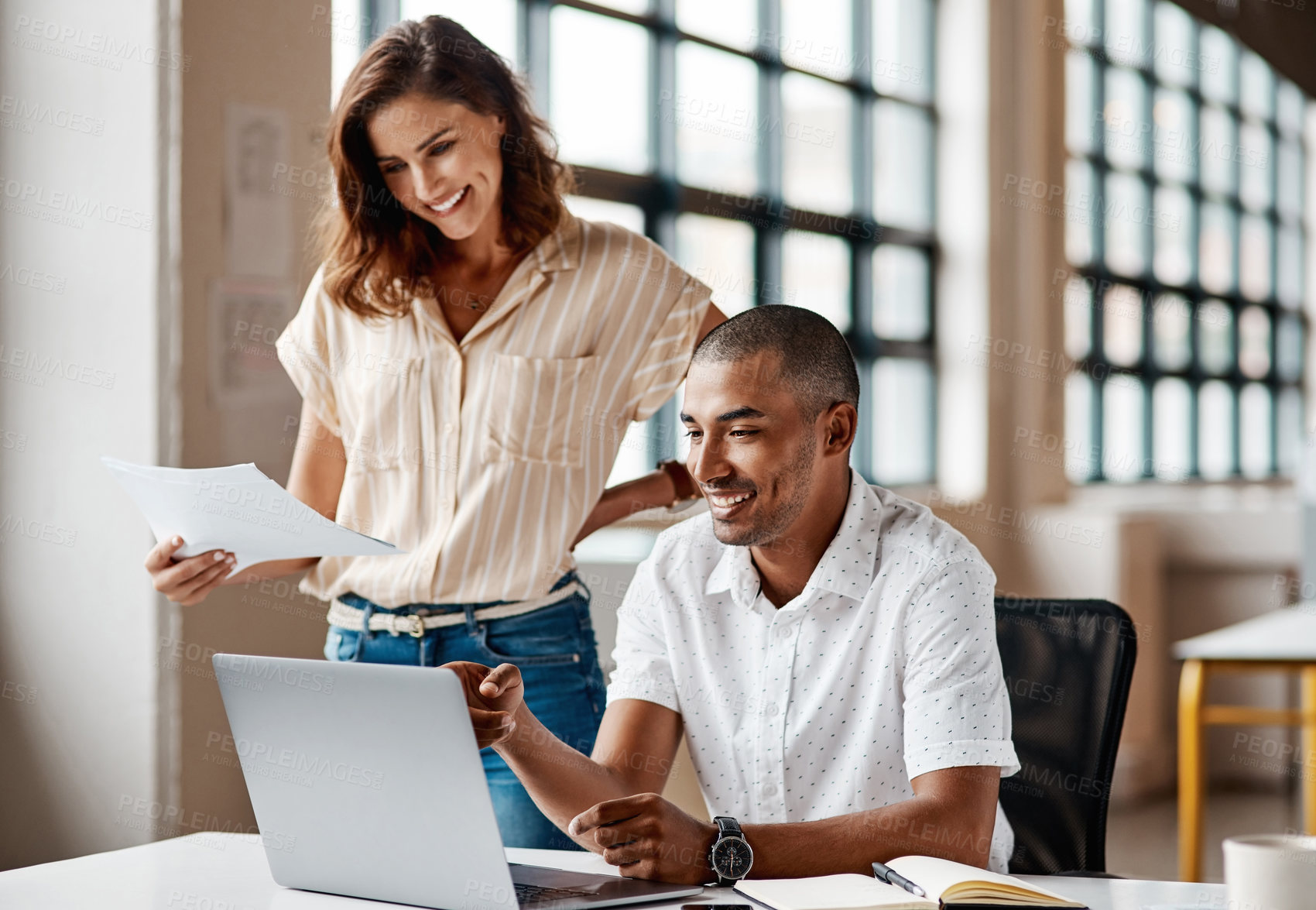 Buy stock photo Laptop, document and training with people in office, pointing and support with magazine editor. Happy team, computer and manager coaching intern, publication advice and creative paperwork in business