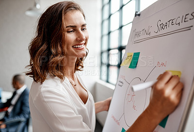 Buy stock photo Shot of a young businesswoman writing notes on a whiteboard in an office