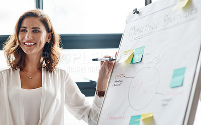 Buy stock photo Shot of a young businesswoman presenting notes on a whiteboard in an office