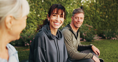 Buy stock photo Fitness, portrait and woman with people outdoor for rest, break and relax after exercise together. Happy, park and person with mature friends for wellness, health and support for morning routine