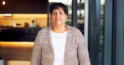 Buy stock photo Portrait, smile and senior woman in home with confidence, happiness or positive attitude in retirement. Happy, female homeowner and weekend break in lounge to relax, morning and wellness in house