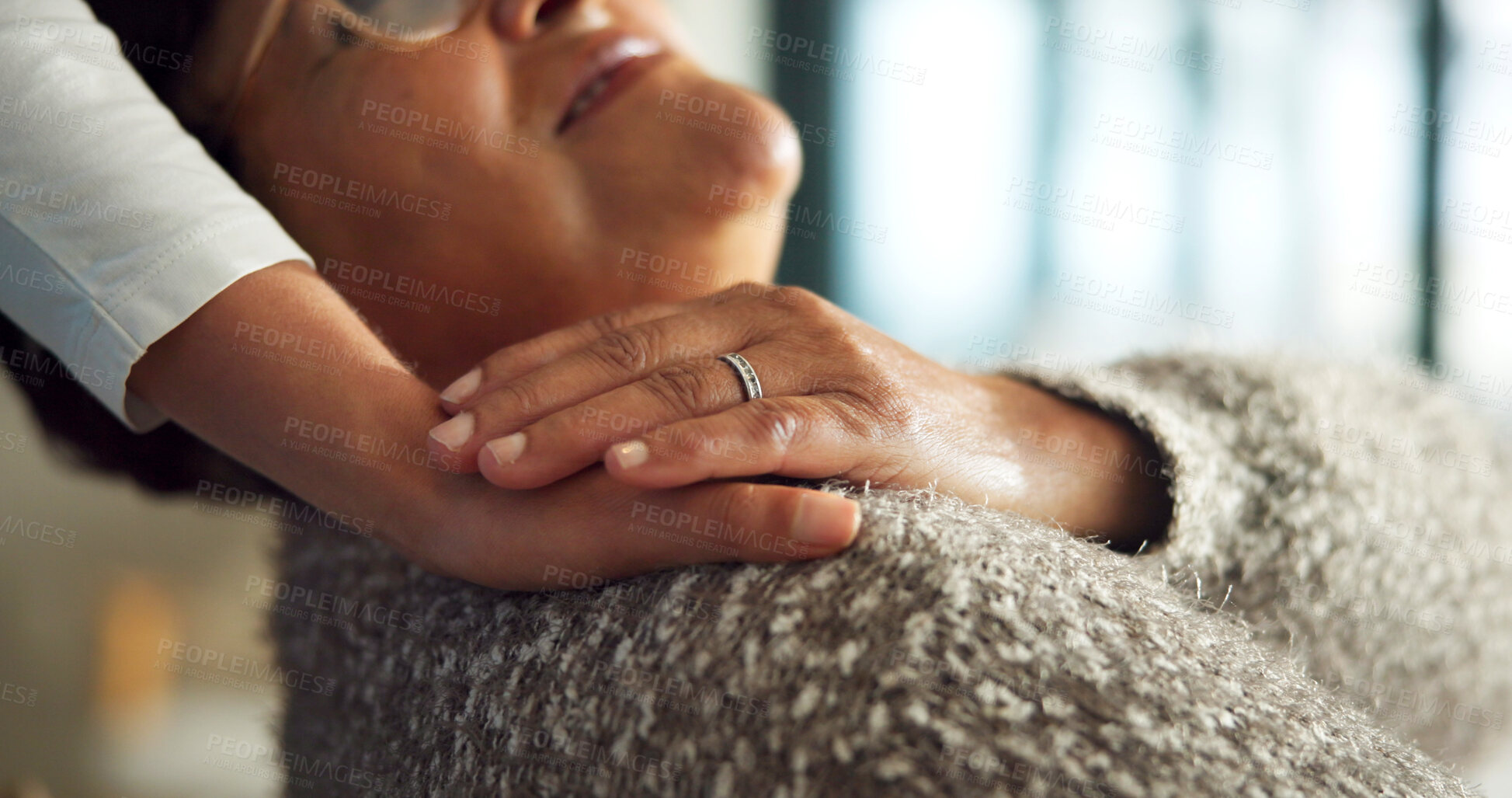 Buy stock photo Hands, caregiver and old person in house with support, understanding or empathy in assisted living. Compassion, senior woman or volunteer with shoulder touch, sympathy or trust in retirement care.