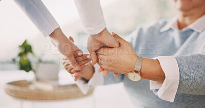 Buy stock photo Nurse, old woman and holding hands for help, support and medical assistance in homecare service. Caregiver, retirement and person with trust, healthcare or understanding for patient care with empathy
