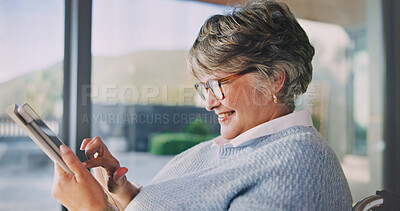 Buy stock photo Tablet, happy and senior woman in home reading blog for retirement plan with finance advice. Digital technology, smile and elderly person on website for financial tips on pension savings in house.