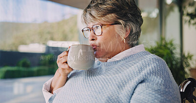Buy stock photo Senior, woman and thinking with tea in wheelchair for herbal beverage or comfort in home. Thoughtful, vision or female person with a disability, cup or mug for morning drink, sight or memory in house