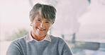 Wellness, portrait or senior woman in home with smile, positive attitude or optimistic for weekend break. Wellbeing, space or elderly person with good mood, happy moment or satisfaction in retirement