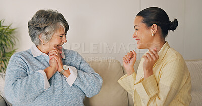 Buy stock photo Conversation, excited and woman with senior mother on sofa in home for advice, bonding or connection. Happy, talking and person with elderly mom for family gossip or discussion together on weekend.