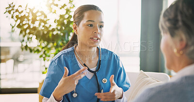 Buy stock photo Checkup, nurse or old woman on sofa with feedback, treatment support or medical diagnosis in senior care. Explaining, patient or caregiver with advice, home assessment or health results in retirement