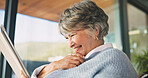 Tablet, laugh and senior woman in home reading blog for retirement plan with finance advice. Digital technology, happy and elderly person on website for financial tips on pension savings in house.