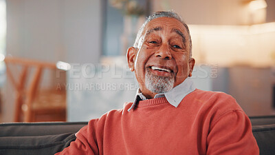 Buy stock photo Relax, portrait and senior man on sofa for positive attitude, good mood and happy retirement. Home, smile and elderly person on couch with comfort, peace and calm for weekend, afternoon and break