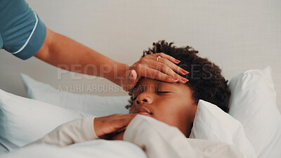 Buy stock photo Forehead, hand and mom with sick child on bed, health check and monitoring body temperature in house. Childcare, parent and person with empathy for kid, support and boy with flu symptoms in bedroom