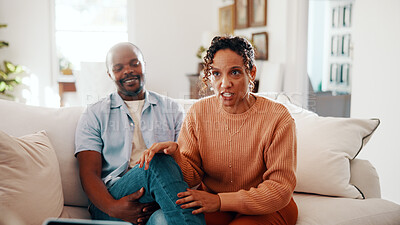 Buy stock photo Counseling, discussion and mature couple in home with disagreement, advice and relationship struggle. African people, therapy and explain problem in house with marriage conflict, issue and guidance.