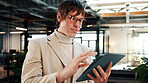 Man, realtor and tablet in office for scroll, property management and service review. Glasses, real estate agent and digital tech in agency for commission update, app and research for reading