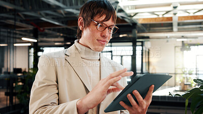 Buy stock photo Man, realtor and tablet in office for scroll, property management and service review. Glasses, real estate agent and digital tech in agency for commission update, app and research for reading