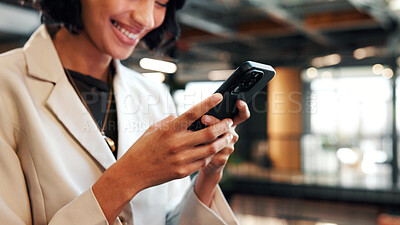 Buy stock photo Hands, phone and business woman in office for insurance email, claims update or online connection. Mobile, company and happy advisor with app for policy premium, financial coverage and text message