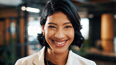 Buy stock photo Corporate, woman and happy in office portrait for legal support, ethical practice or about us. Intern, paralegal and smile at law firm for case management, career integrity and professional service