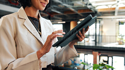 Buy stock photo Hands, tablet and business woman in office for insurance email, claims update or online connection. Tech, company and advisor with app for policy premium, financial coverage and research information