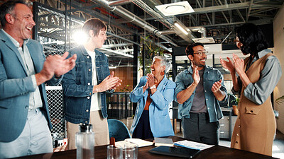 Buy stock photo Applause, meeting and business people with celebration for review, agreement and smile. Office, excited and manager with tech for clapping, b2b success and collaboration for proposal achievement