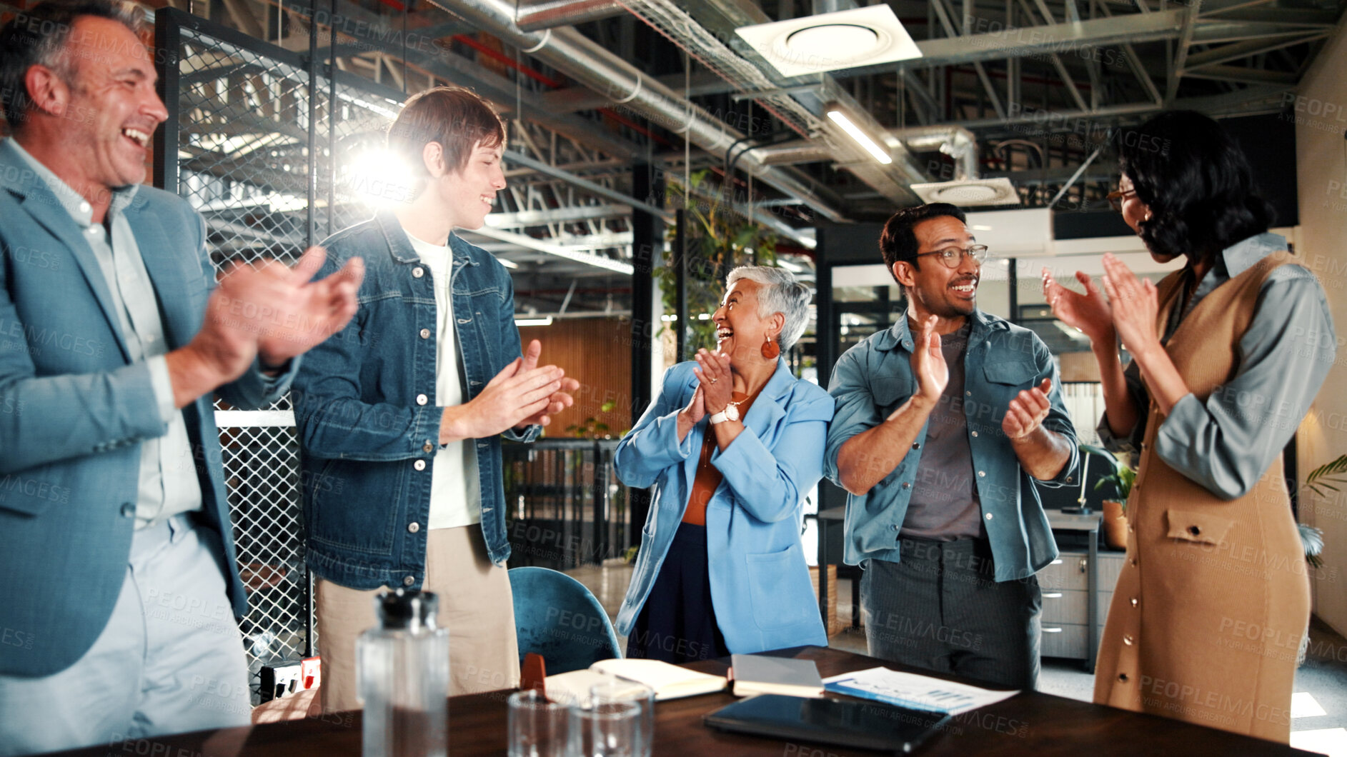 Buy stock photo Applause, meeting and business people with celebration for review, agreement and smile. Office, excited and manager with tech for clapping, b2b success and collaboration for proposal achievement