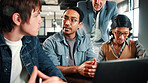Laptop, meeting and business people in office with feedback on software development project. Discussion, review and team of web designers with manager for advice on UI interface on computer at agency