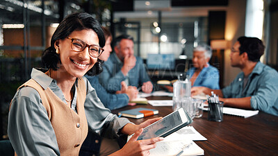 Buy stock photo Portrait, woman and meeting in office with tablet, data analysis and happy for company profit growth. Person, team and smile in business with tech, financial statistics or charts for income forecast.