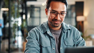 Buy stock photo Creative, review and happy man with laptop in office, graphic designer or plan for project with info. Employee, smile and person with glasses, assignment and design research with tech in business