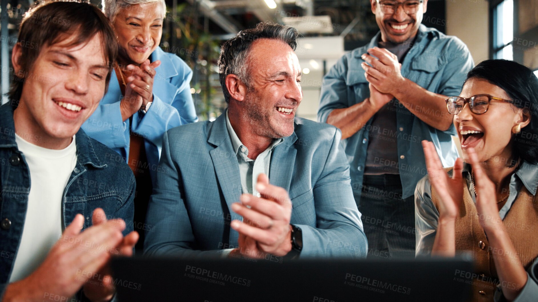Buy stock photo Applause, meeting and business people with laptop for review, agreement and smile. Office, celebration and manager with tech for clapping, b2b success and collaboration for proposal achievement