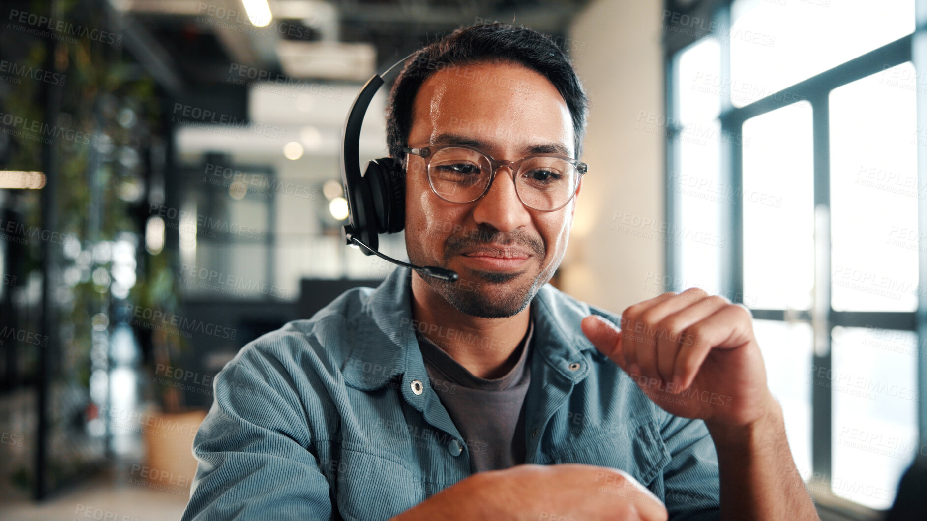Buy stock photo Call center, man and headset in customer support with help desk, communication and online consultant. Contact us, technology and conversation with web service, virtual advice or agent for hotline