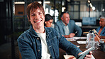 Smile, business and man in meeting with tablet, career pride and about us for copywriting. Portrait, male person or team in office with digital, proofreading draft and editing article for publication