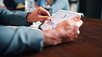 Data analysis, online and hands with tablet screen in office, performance review and research on web. Business, financial analyst and person with tech for investment update, graphs and budget report