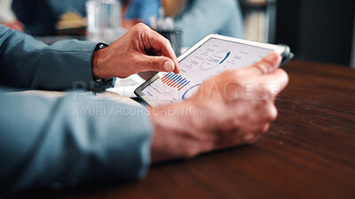 Buy stock photo Data analysis, online and hands with tablet screen in office, performance review and research on web. Business, financial analyst and person with tech for investment update, graphs and budget report