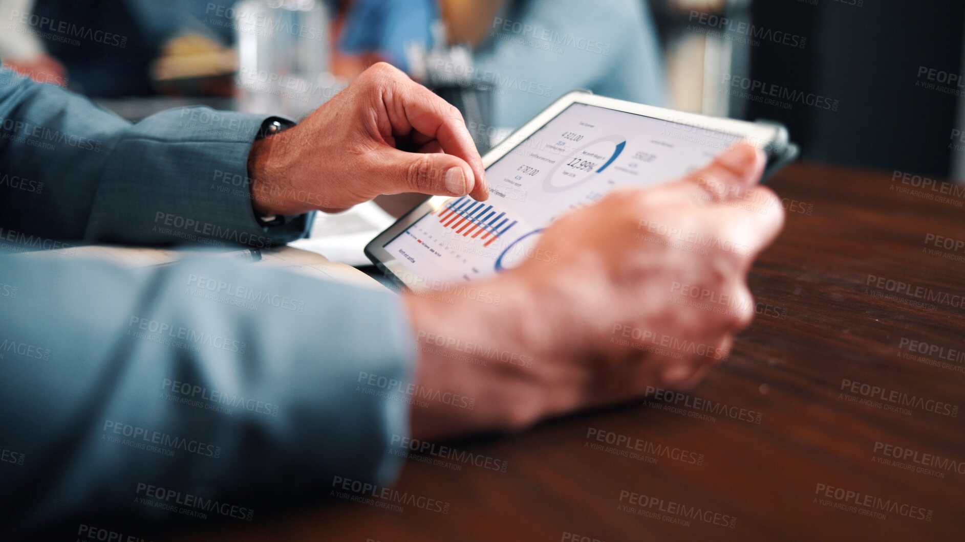 Buy stock photo Data analysis, online and hands with tablet screen in office, performance review and research on web. Business, financial analyst and person with tech for investment update, graphs and budget report
