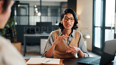 Buy stock photo Creative, meeting and business people in office for planning, marketing campaign and project ideas. Team, laptop and workers in discussion for feedback, strategy and proposal for brand awareness