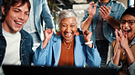 Applause, laptop and business people with fist pump for meeting, agreement and smile. Office, excited and manager with tech for clapping, b2b success and collaboration for proposal achievement