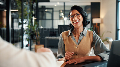 Buy stock photo Creative, talking and business woman in office for planning, marketing campaign and project ideas. Happy, teamwork and people in discussion for feedback, strategy and proposal for brand promotion