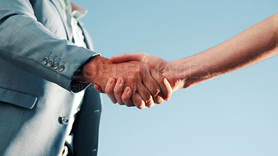 Buy stock photo Handshake, meeting and business people outdoor for deal, partnership and finance negotiation. Discussion, corporate and financial manager shaking hands with client for investment contract by blue sky