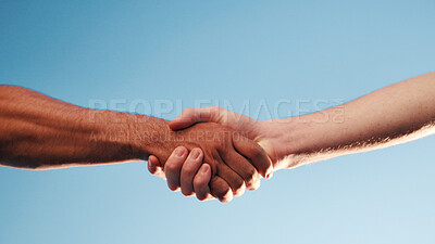 Buy stock photo Handshake, collaboration and people outdoor for deal, partnership and negotiation. Discussion, welcome and person shaking hands with client for contract, greeting or teamwork in community by blue sky