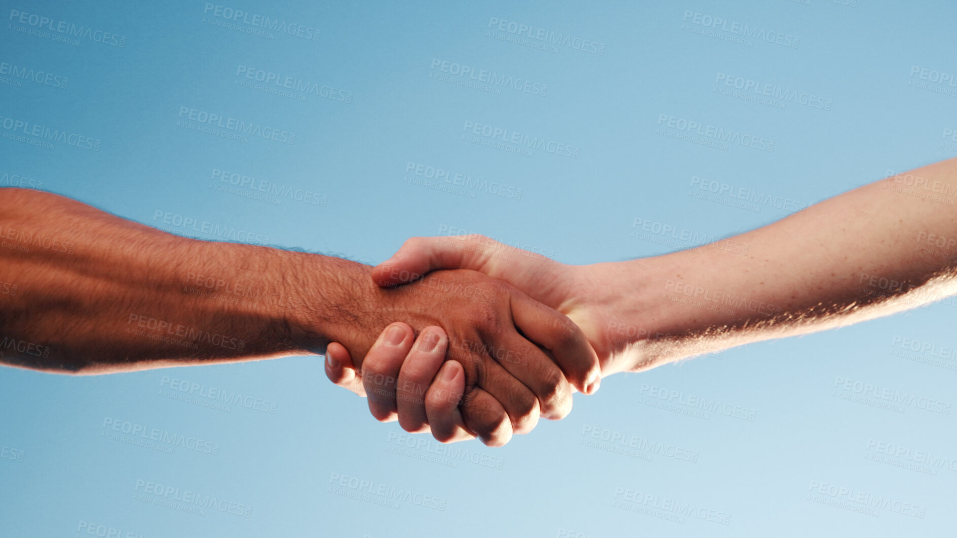 Buy stock photo Handshake, collaboration and people outdoor for deal, partnership and negotiation. Discussion, welcome and person shaking hands with client for contract, greeting or teamwork in community by blue sky
